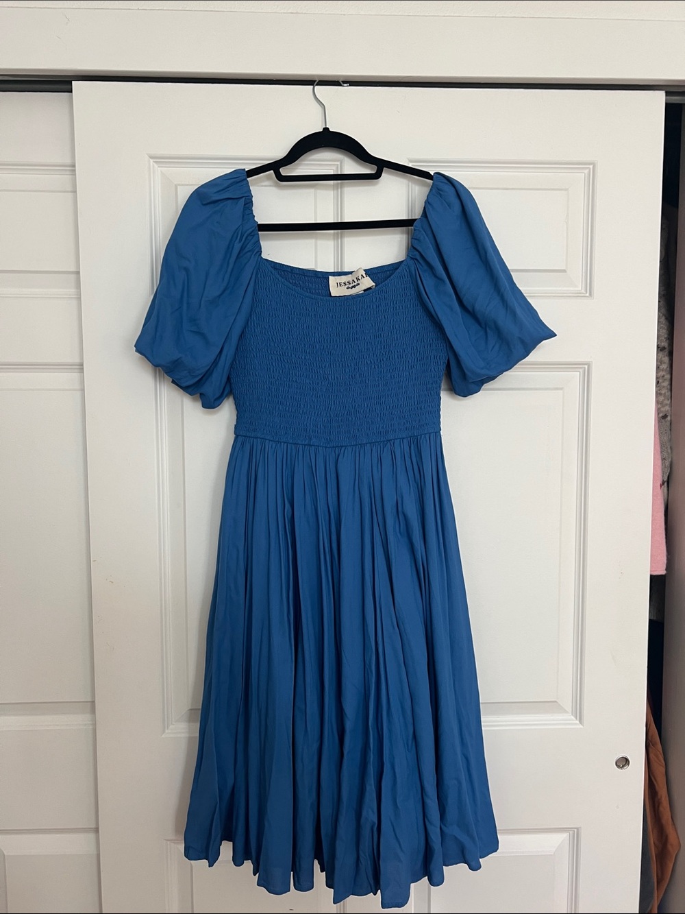 JessaKae Cobalt Blue Puff-Sleeve Smocked Midi Dress